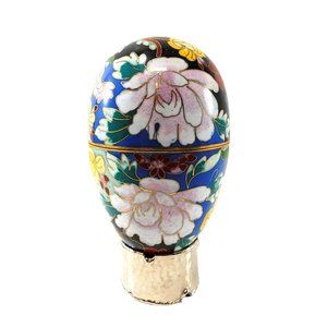 Old Cloisonne Enamel Hinged Egg Trinket Box with Stand  5"